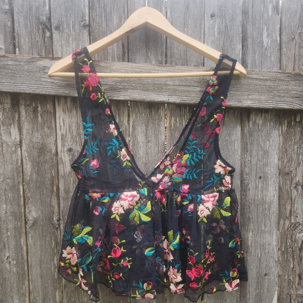 Ecote Embroidered Peplum Floral Mesh Tanktop
